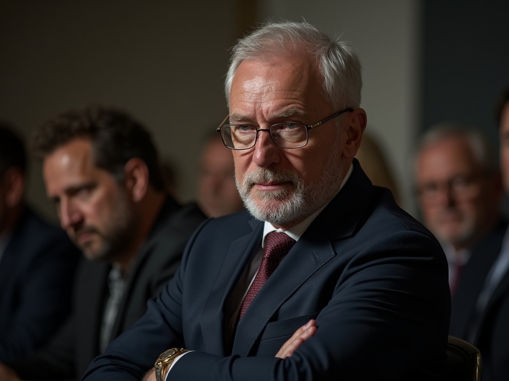 Starszy mężczyzna w okularach i garniturze siedzi z założonymi rękami, patrząc w stronę obiektywu.