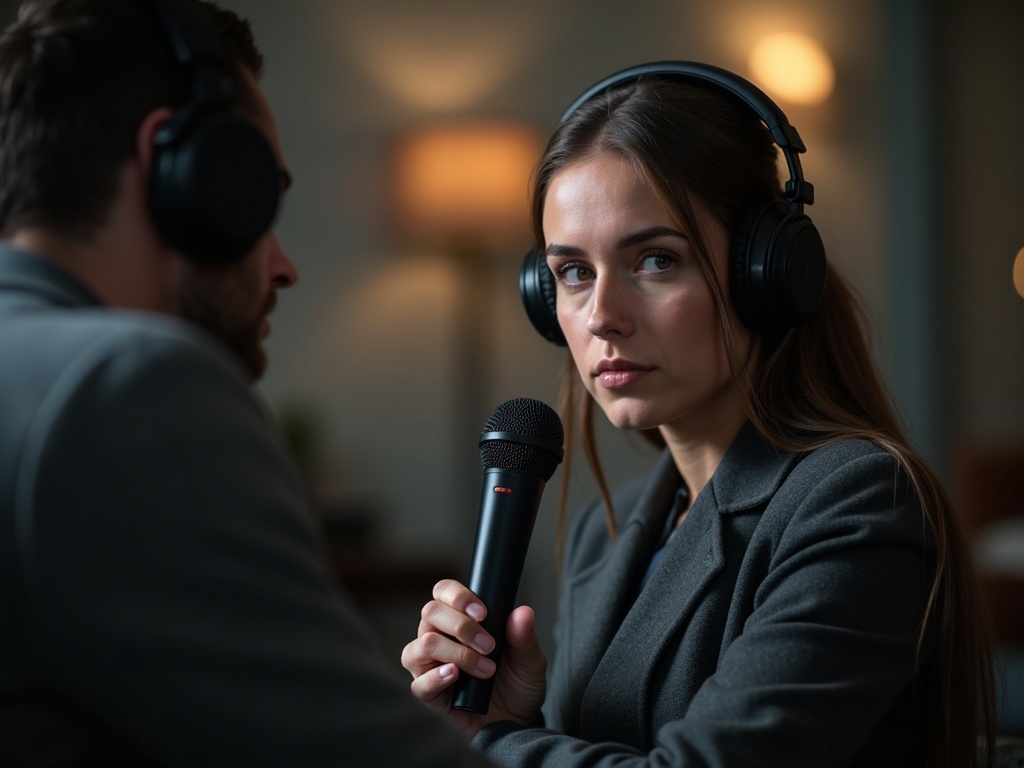 Kobieta w słuchawkach trzyma mikrofon, rozmawiając z mężczyzną w słuchawkach.