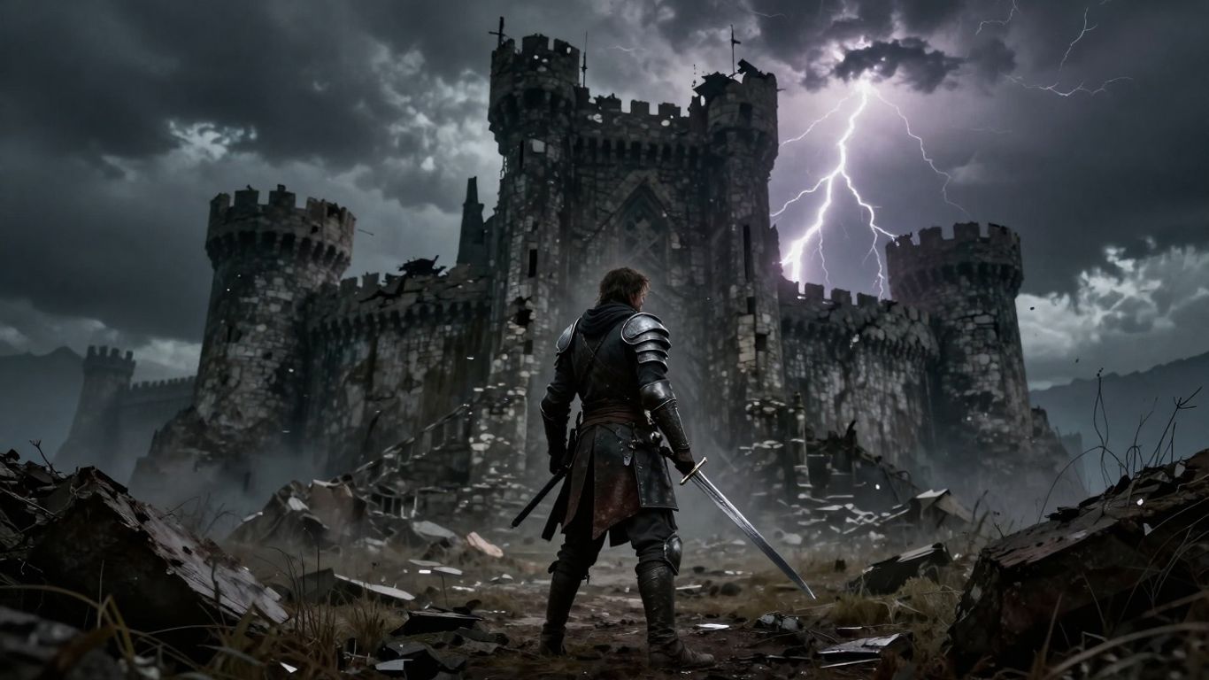 Mroczny krajobraz fantasy z wojownikiem przed zamkiem.