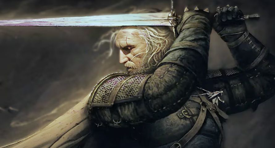 Geralt z Rivii, Wiedźmin, w zbroi i z mieczem w ręku, przygotowujący się do walki na tle mrocznego, burzowego nieba.