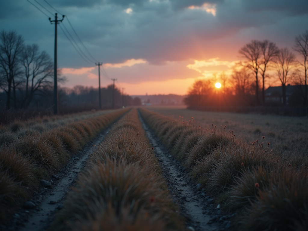 Zachód słońca nad wiejską drogą otoczoną suchą trawą, z linią drzew i słupami energetycznymi w tle.