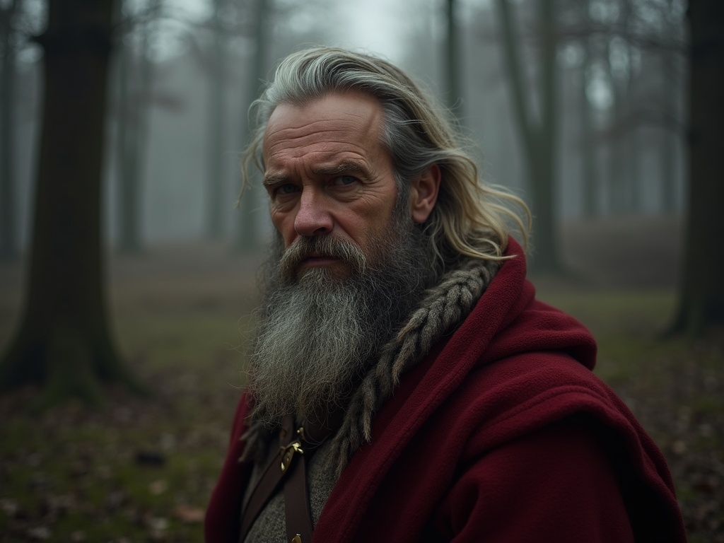 Portret starszego mężczyzny z długą, siwą brodą i włosami, ubranego w czerwoną szatę, stojącego w mglistym lesie.